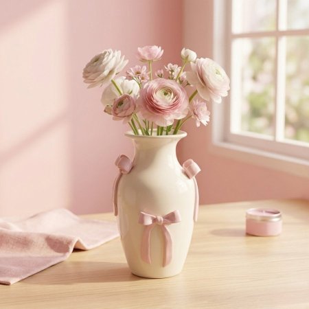 مزهرية سيراميك أبيض بتصميم فيونكات وردية